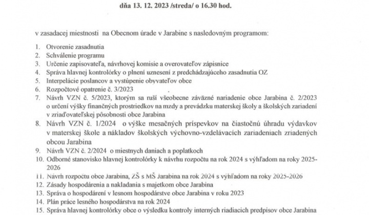 Aktuality / VIII. ZASADNUTIE OZ V JARABINE DŇA 13.12.2023 - foto