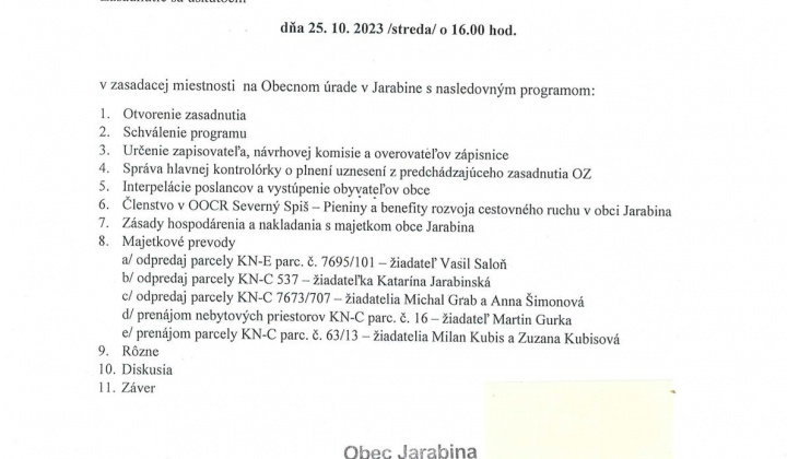 Aktuality / VII. ZASADNUTIE OZ V JARABINE DŇA 25.10.2023 - foto