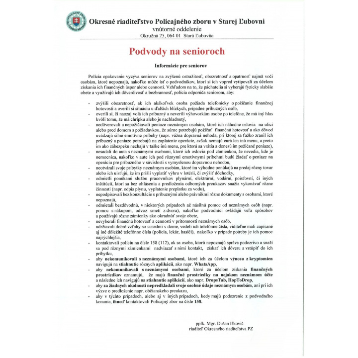 Menšia fotka pre článok Informácie pre seniorov (Podvody na senioroch)