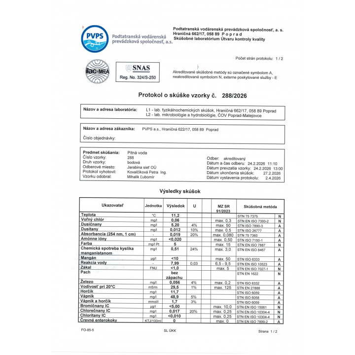Menšia fotka pre článok Protokoly o skúške vzorky pitnej vody vo vodovodnom potrubí a vodojeme