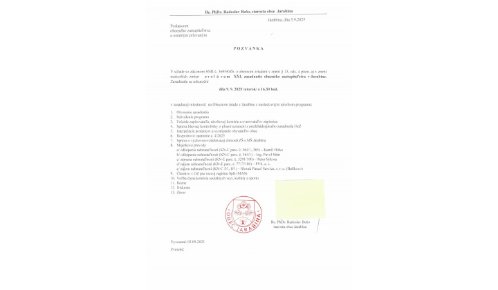 Fotka pre článok XXI. Zasadnutie Obecného zastupiteľstva v Jarabine, dňa 9.9.2025 /utorok/ o 16:30 hod.