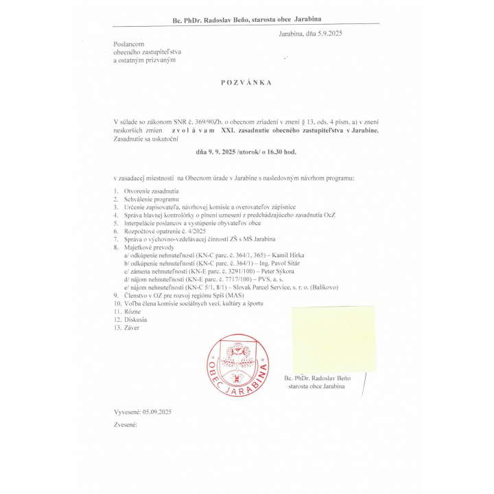 Menšia fotka pre článok XXI. Zasadnutie Obecného zastupiteľstva v Jarabine, dňa 9.9.2025 /utorok/ o 16:30 hod.