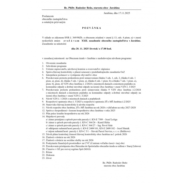 Menšia fotka pre článok XXII. Zasadnutie Obecného zastupiteľstva v Jarabine, dňa 20.11.2025 /štvrtok/ o 17:00 hod.