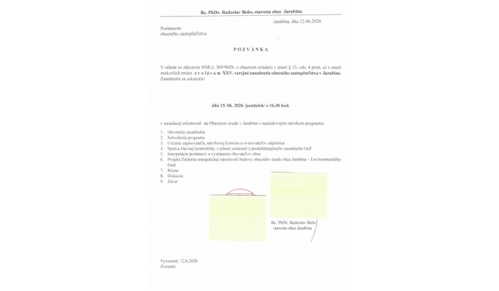 Fotka pre článok XXV. Zasadnutie OZ v Jarabine 15.VI.2026 /pondelok/