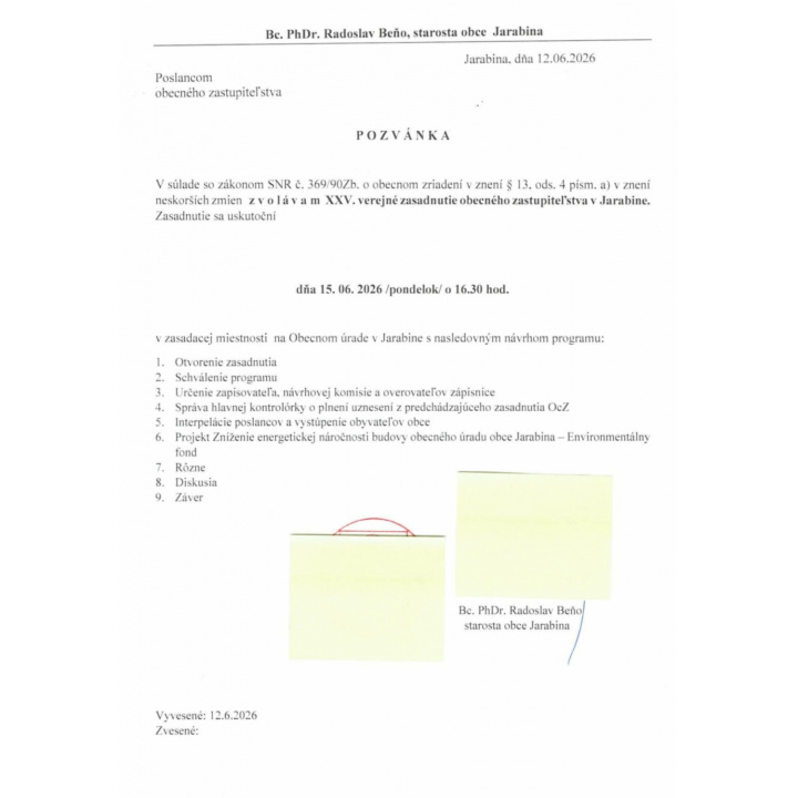 Menšia fotka pre článok XXV. Zasadnutie OZ v Jarabine 15.VI.2026 /pondelok/