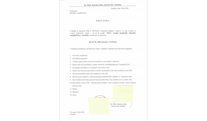 Fotka pre článok XXVI. verejné zasadnutie OZ v Jarabine 26.06.2026 /utorok o 17:00 hod./