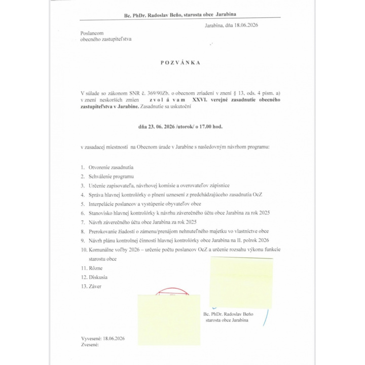 Menšia fotka pre článok XXVI. verejné zasadnutie OZ v Jarabine 26.06.2026 /utorok o 17:00 hod./