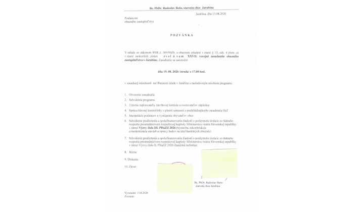 Fotka pre článok XXVII. ZASADNUTIE OZ V JARABINE DŇA 19.8.2026