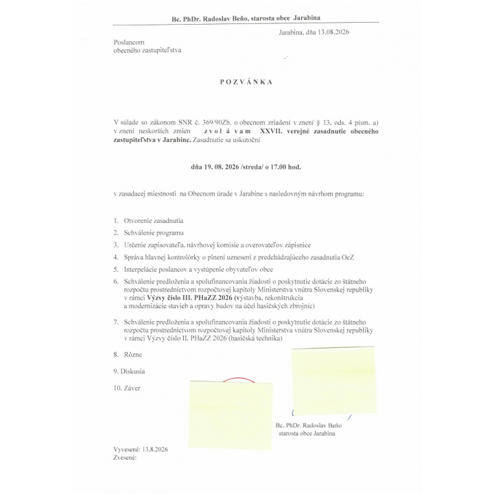 Menšia fotka pre článok XXVII. ZASADNUTIE OZ V JARABINE DŇA 19.8.2026