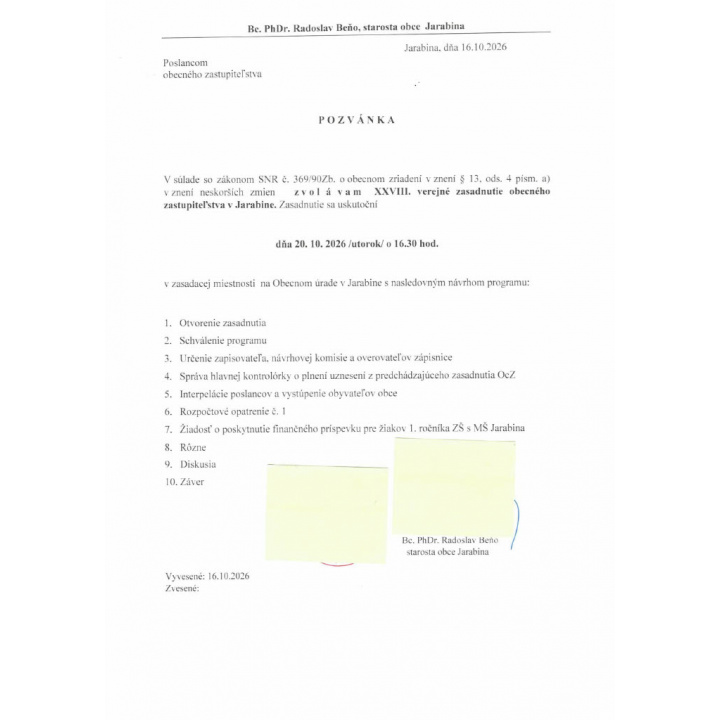Menšia fotka pre článok XXVIII. ZASADNUTIE OZ V JARABINE, dňa 20.10.2026