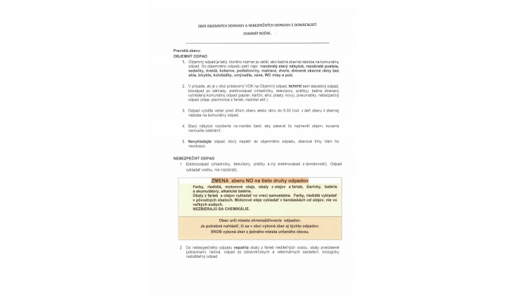 Fotka pre článok Zber veľkoobjemového a nebezpečného odpadu /piatok 29.5.2026/