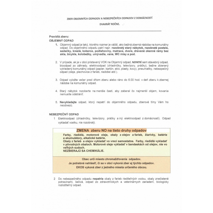 Menšia fotka pre článok Zber veľkoobjemového a nebezpečného odpadu /piatok 29.5.2026/