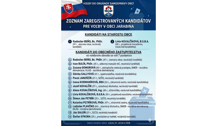 Fotka pre článok ZOZNAM ZAREGISTROVANÝCH KANDIDÁTOV PRE VOĽBY V OBCI JARABINA